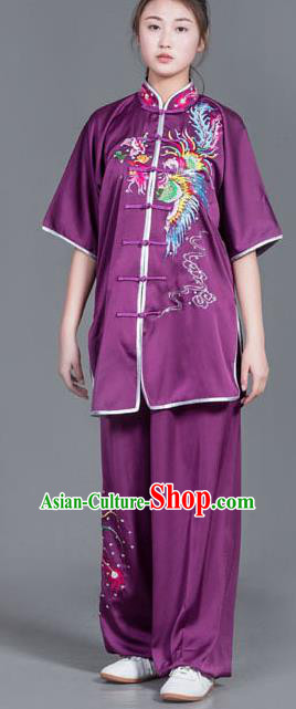 Chinese Martial Arts Competition Embroidered Phoenix Purple Uniforms Traditional Kung Fu Tai Chi Training Costume for Men