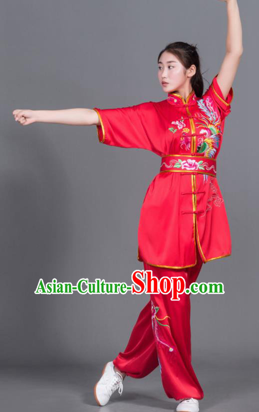 Chinese Martial Arts Competition Embroidered Phoenix Red Uniforms Traditional Kung Fu Tai Chi Training Costume for Men