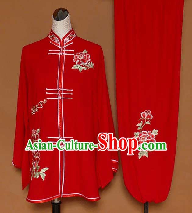 Chinese Traditional Best Martial Arts Embroidered Peony Red Costume Kung Fu Competition Tai Chi Clothing for Women