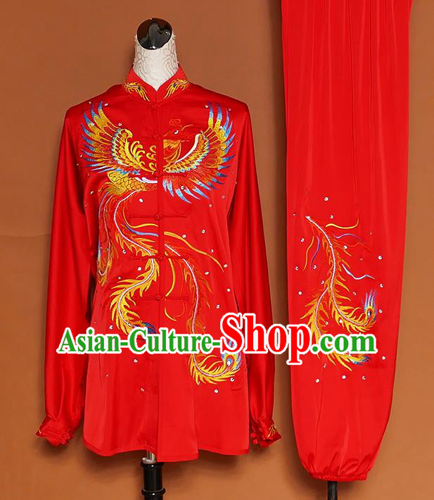 Chinese Traditional Best Martial Arts Embroidered Phoenix Red Costume Kung Fu Competition Tai Chi Clothing for Women