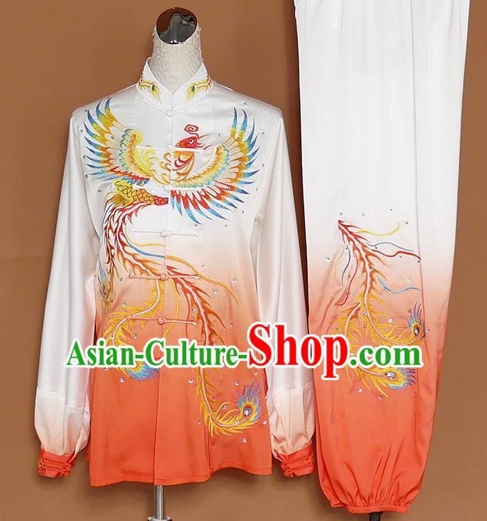 Chinese Traditional Best Martial Arts Embroidered Phoenix Orange Costume Kung Fu Competition Tai Chi Clothing for Women