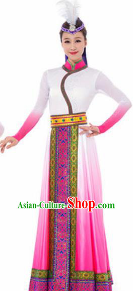 Traditional Chinese Mongol Nationality Ethnic Costume Mongolian Minority Dance Pink Dress for Women