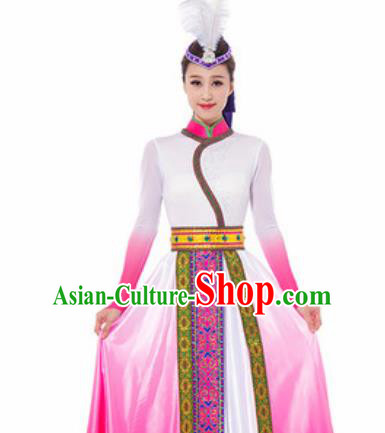 Traditional Chinese Mongol Nationality Ethnic Costume Mongolian Minority Dance Pink Dress for Women