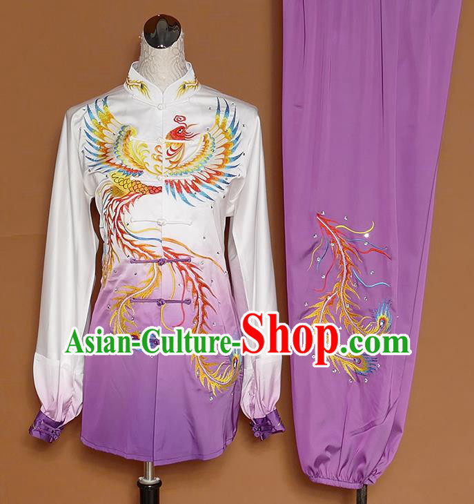 Chinese Traditional Best Martial Arts Embroidered Phoenix Purple Costume Kung Fu Competition Tai Chi Clothing for Women