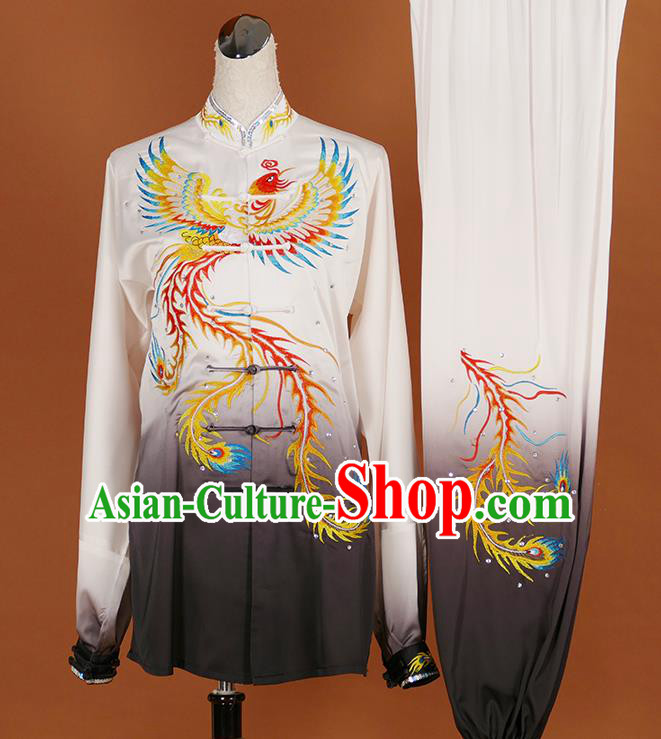 Chinese Traditional Best Martial Arts Embroidered Phoenix Grey Costume Kung Fu Competition Tai Chi Clothing for Women