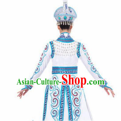 Traditional Chinese Mongol Ethnic Costume Mongolian Nationality Minority Dance White Dress for Women