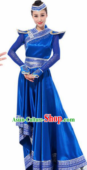 Traditional Chinese Mongol Ethnic Costume Mongolian Nationality Minority Dance Royalblue Dress for Women