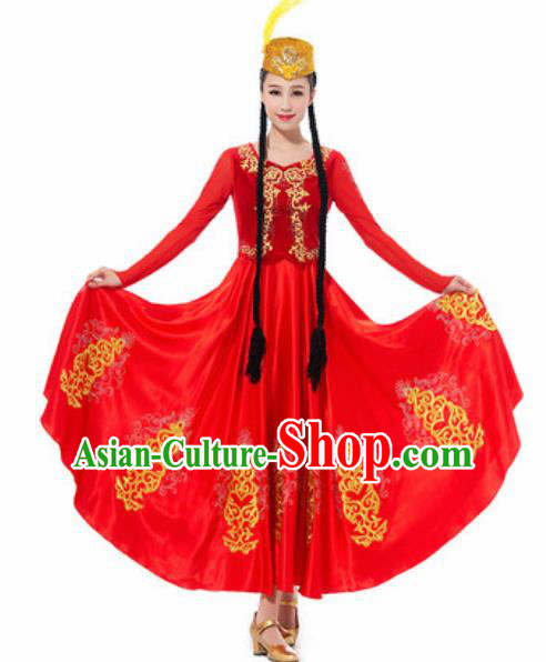 Traditional Chinese Uyghur Ethnic Costume Uyghurian Nationality Minority Dance Red Dress for Women