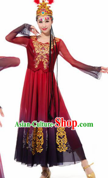 Traditional Chinese Uyghur Ethnic Costume Uyghurian Nationality Minority Dance Wine Red Dress for Women