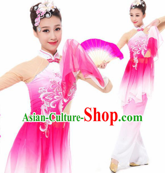 Chinese Spring Festival Gala Fan Dance Rosy Dress Traditional Classical Dance Costume for Women
