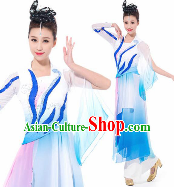 Chinese Spring Festival Gala Fan Dance Blue Dress Traditional Classical Dance Costume for Women