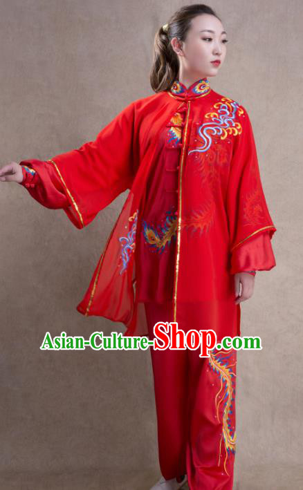 Chinese Traditional Martial Arts Embroidered Red Costume Kung Fu Tai Chi Training Clothing for Women