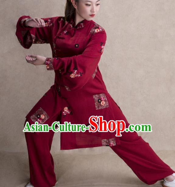 Chinese Traditional Martial Arts Wine Red Costume Kung Fu Tai Chi Training Clothing for Women