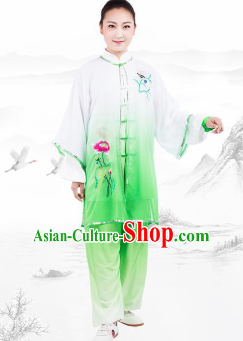 Chinese Traditional Martial Arts Embroidered Lotus Green Costume Kung Fu Competition Tai Chi Training Clothing for Women