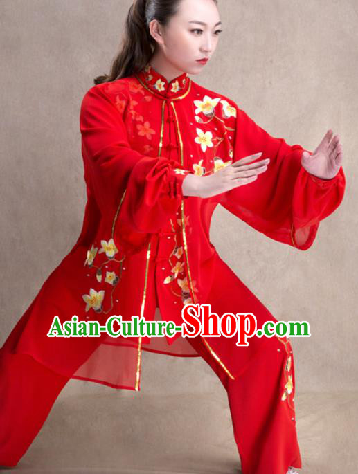 Chinese Traditional Martial Arts Competition Red Costume Kung Fu Tai Chi Training Clothing for Women