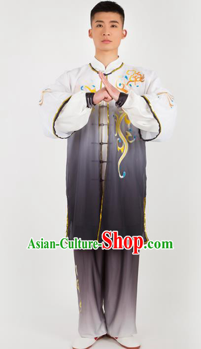 Chinese Traditional Martial Arts Competition Embroidered Grey Costume Kung Fu Tai Chi Training Clothing for Men