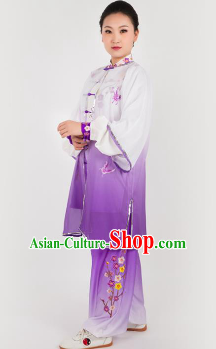 Chinese Traditional Martial Arts Embroidered Butterfly Purple Costume Kung Fu Competition Tai Chi Training Clothing for Women