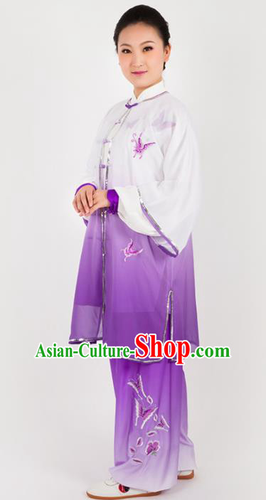 Chinese Traditional Martial Arts Embroidered Purple Costume Kung Fu Competition Tai Chi Training Clothing for Women