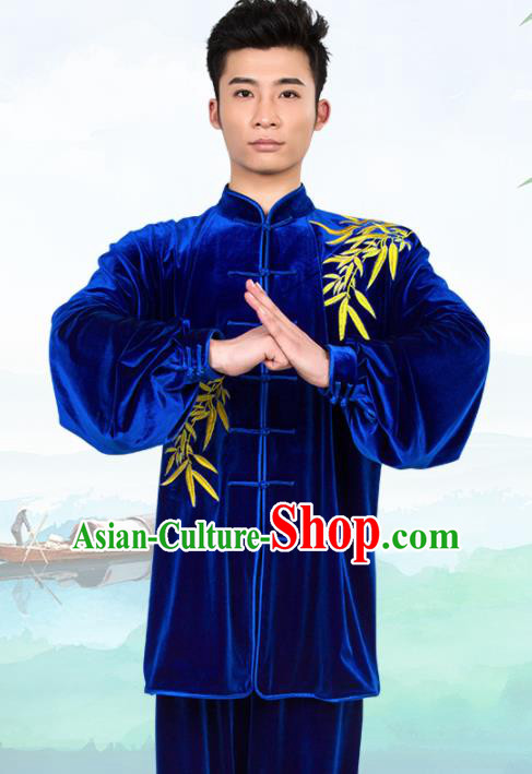 Chinese Traditional Martial Arts Competition Embroidered Royalblue Velvet Costume Kung Fu Tai Chi Training Clothing for Men