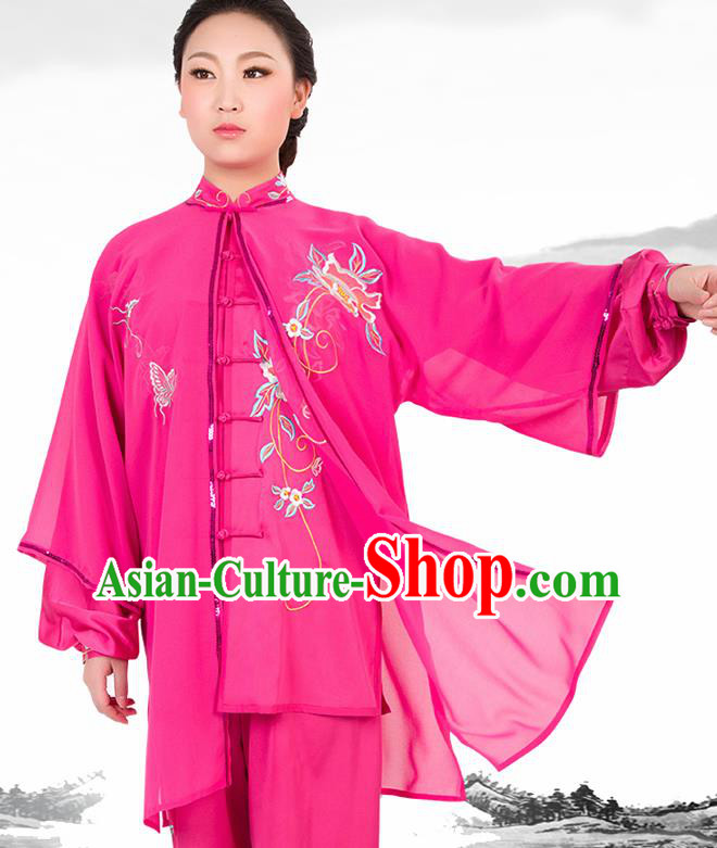 Chinese Traditional Martial Arts Embroidered Peony Rosy Costume Best Kung Fu Competition Tai Chi Training Clothing for Women