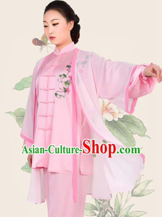 Chinese Traditional Martial Arts Printing Petunia Pink Costume Best Kung Fu Competition Tai Chi Training Clothing for Women