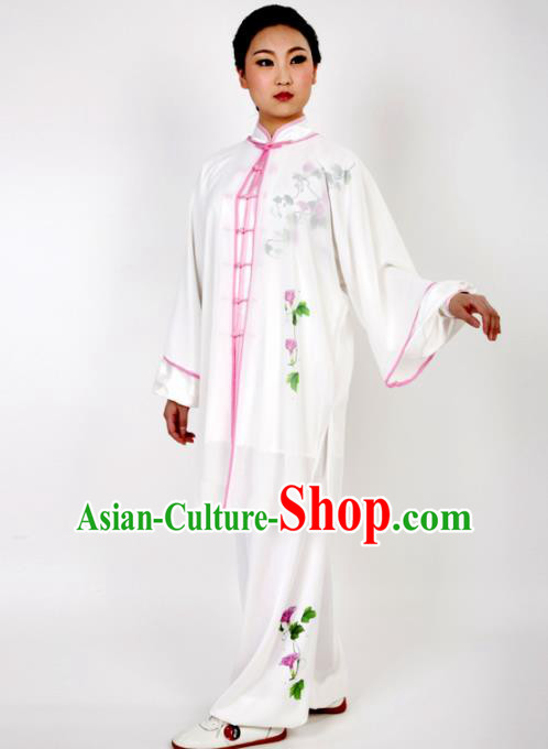 Chinese Traditional Martial Arts Printing Petunia White Costume Best Kung Fu Competition Tai Chi Training Clothing for Women