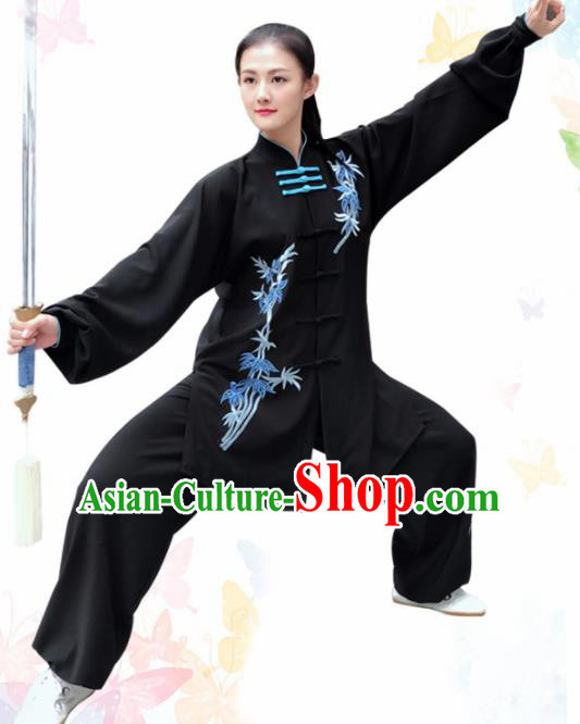 Professional Chinese Martial Arts Embroidered Bamboo Black Costume Traditional Kung Fu Competition Tai Chi Clothing for Women