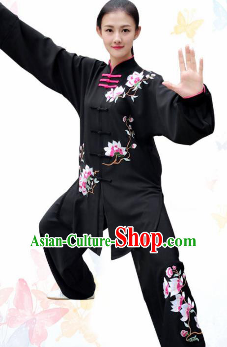 Professional Chinese Martial Arts Embroidered Magnolia Black Costume Traditional Kung Fu Competition Tai Chi Clothing for Women