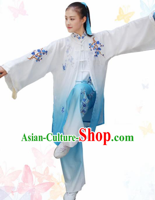 Professional Chinese Martial Arts Embroidered Plum Blue Costume Traditional Kung Fu Competition Tai Chi Clothing for Women