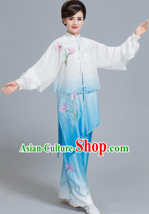 Professional Chinese Martial Arts Embroidered Lily Flower Blue Costume Traditional Kung Fu Competition Tai Chi Clothing for Women