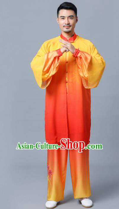 Traditional Chinese Martial Arts Competition Embroidered Bamboo Orange Uniforms Kung Fu Tai Chi Training Costume for Men