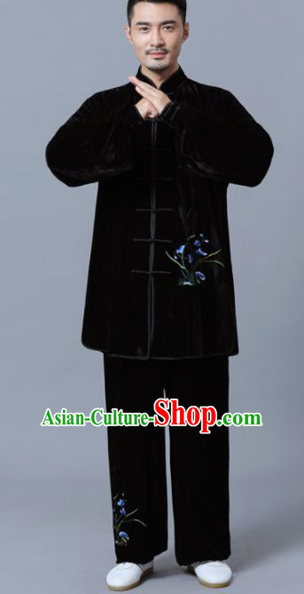 Traditional Chinese Martial Arts Competition Printing Orchid Black Velvet Uniforms Kung Fu Tai Chi Training Costume for Men