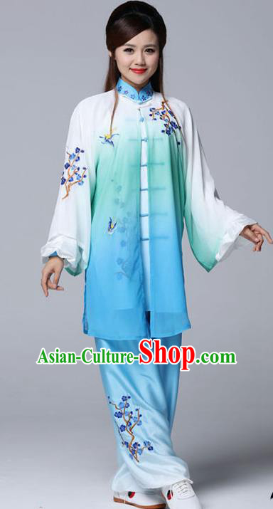 Professional Chinese Martial Arts Embroidered Plum Blue Costume Traditional Kung Fu Competition Tai Chi Clothing for Women