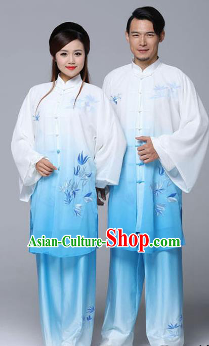 Professional Chinese Martial Arts Embroidered Bamboo Gradient Blue Costume Traditional Kung Fu Competition Tai Chi Clothing for Women