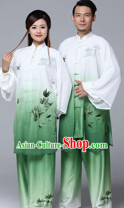 Professional Chinese Martial Arts Embroidered Bamboo Gradient Green Costume Traditional Kung Fu Competition Tai Chi Clothing for Women