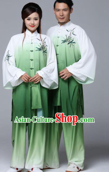 Gradient Green Professional Chinese Martial Arts Embroidered Bamboo Costume Traditional Kung Fu Competition Tai Chi Clothing for Women