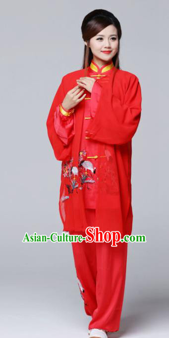 Professional Chinese Martial Arts Ink Painting Crane Red Costume Traditional Kung Fu Competition Tai Chi Clothing for Women