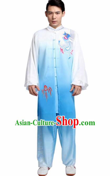 Traditional Chinese Martial Arts Competition Embroidered Dragon Blue Uniforms Kung Fu Tai Chi Training Costume for Adults