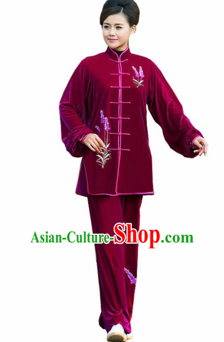 Professional Martial Arts Competition Embroidered Lavender Wine Red Costume Chinese Traditional Kung Fu Tai Chi Clothing for Women