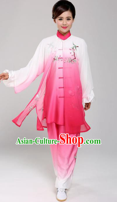 Professional Martial Arts Embroidered Magnolia Rosy Costume Chinese Traditional Kung Fu Competition Tai Chi Clothing for Women