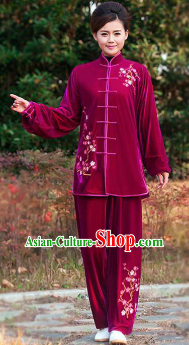 Professional Martial Arts Competition Embroidered Plum Wine Red Velvet Costume Chinese Traditional Kung Fu Tai Chi Clothing for Women