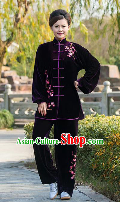 Professional Martial Arts Competition Embroidered Plum Purple Velvet Costume Chinese Traditional Kung Fu Tai Chi Clothing for Women