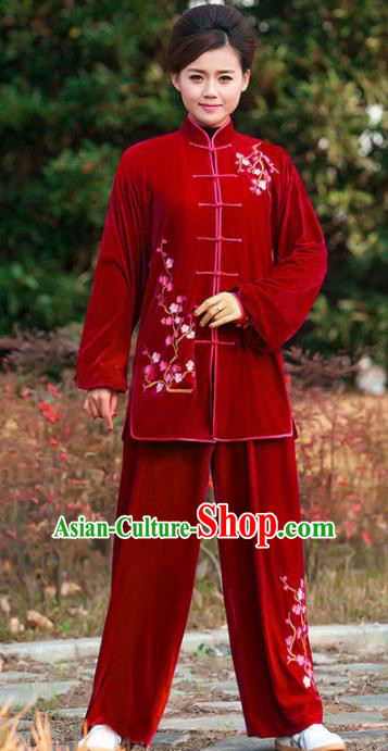 Professional Martial Arts Competition Embroidered Plum Red Velvet Costume Chinese Traditional Kung Fu Tai Chi Clothing for Women