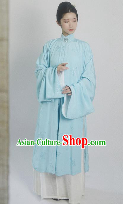 Traditional Chinese Ming Dynasty Princess Blue Hanfu Dress Ancient Drama Court Dowager Replica Costumes for Women