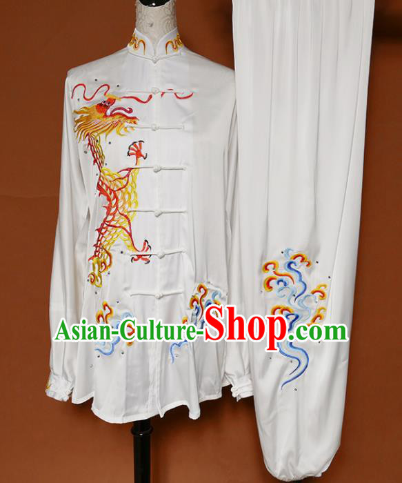 White Best Martial Arts Competition Embroidered Dragon Uniforms Chinese Traditional Kung Fu Tai Chi Training Costume for Men