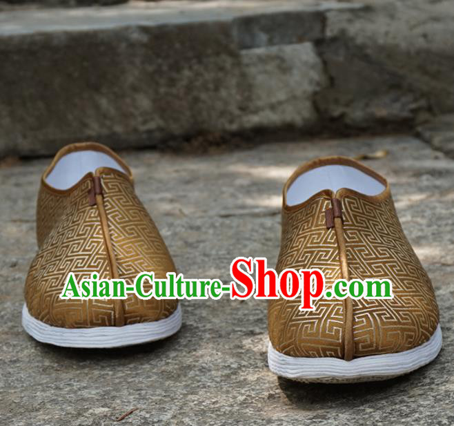 Traditional Chinese Brown Monk Shoes Handmade Multi Layered Cloth Shoes Martial Arts Shoes for Men