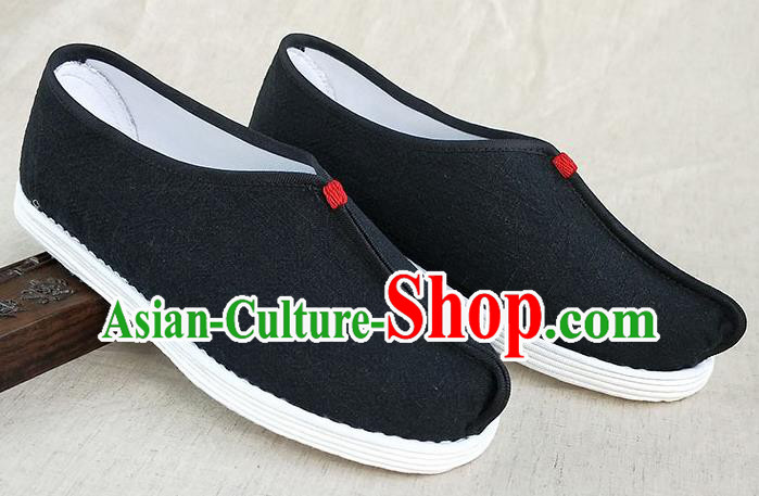 Traditional Chinese Black Linen Monk Shoes Handmade Multi Layered Cloth Shoes Martial Arts Shoes for Men