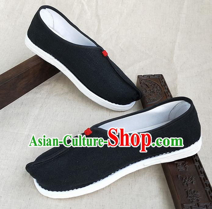Traditional Chinese Black Linen Monk Shoes Handmade Multi Layered Cloth Shoes Martial Arts Shoes for Men