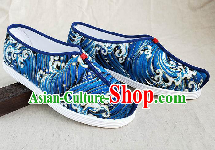 Traditional Chinese Printing Wave Blue Shoes Handmade Multi Layered Cloth Shoes Martial Arts Shoes for Men