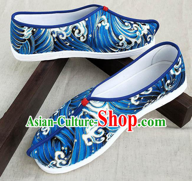 Traditional Chinese Printing Wave Blue Shoes Handmade Multi Layered Cloth Shoes Martial Arts Shoes for Men